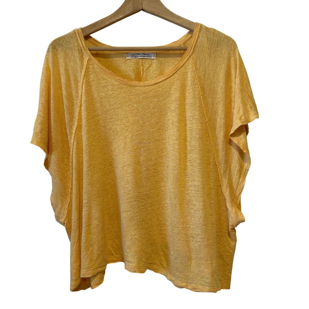 We The Free Top Sz L Yellow Linen Blend Boxy Oversize Boho Beach Relaxed Casual